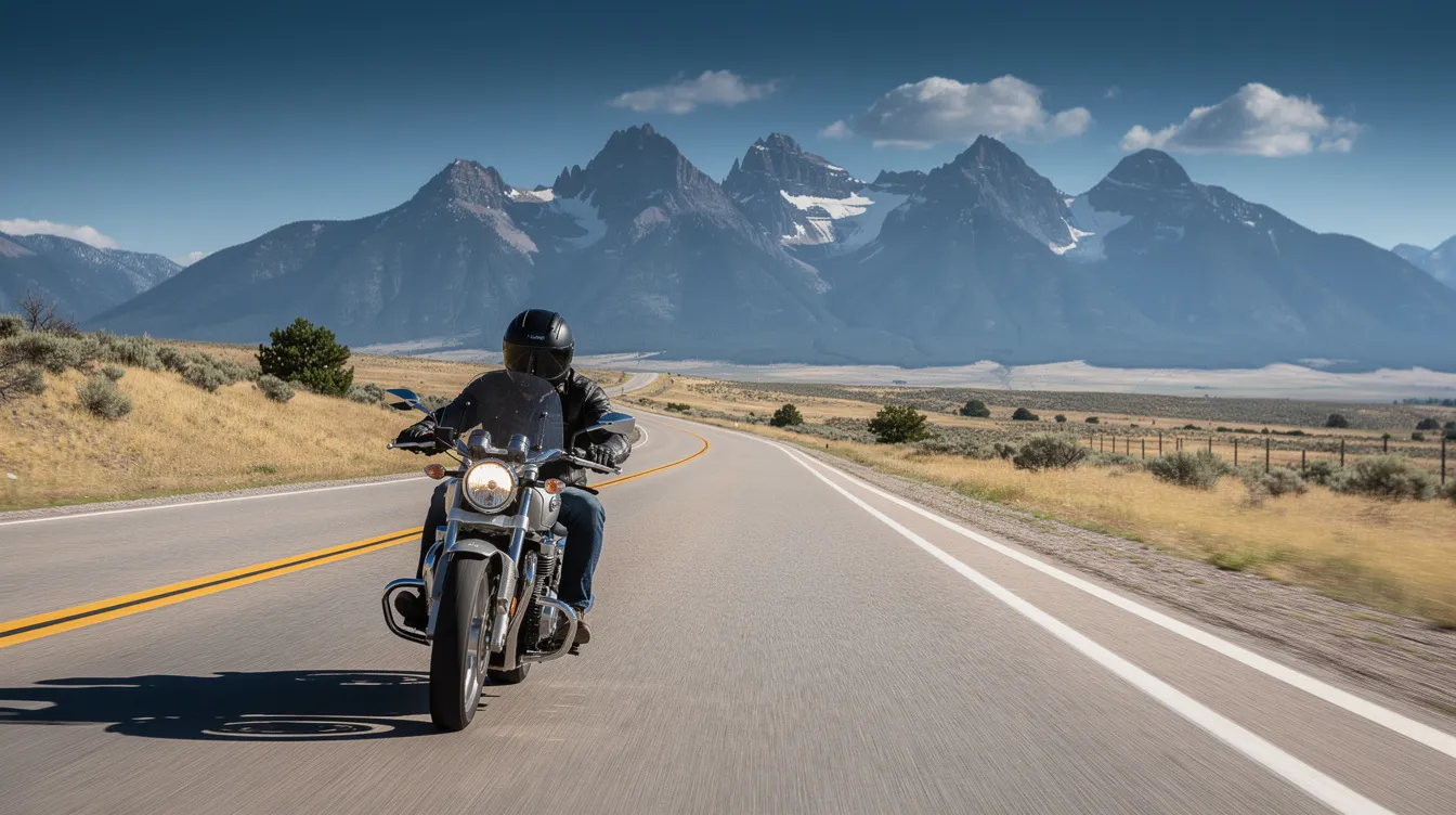 A motorcyclist rides confidently along a rural highway in Colorado, surrounded by majestic mountains in the background. This serene scene contrasts with the potential dangers of motorcycle accidents in Colorado, which can lead to serious injuries such as traumatic brain injuries or spinal cord injuries for riders.