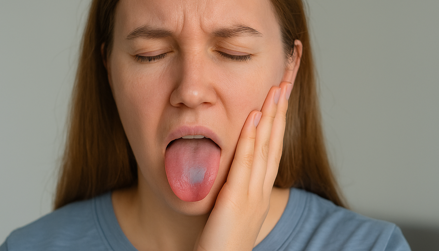 En kvinne med lukket øyne viser en blålig nummen flekk på tungen mens hun holder seg til kinnet med en smertefull grimase.