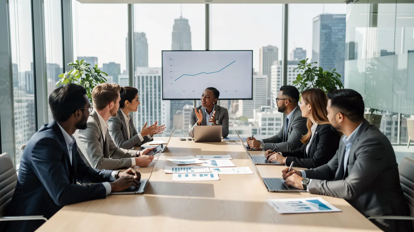 Une équipe diversifiée de professionnels se réunit autour d'une table de conférence dans un bureau moderne, engagée dans une discussion active sur la mission et la vision de leur entreprise. Ils explorent ensemble des idées et des stratégies pour atteindre leurs objectifs et donner un sens à leur travail.