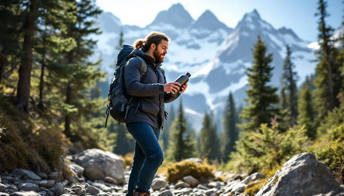 A person is examining a sleek titanium water bottle against a stunning mountain backdrop, highlighting its lightweight and durable design, perfect for outdoor activities like hiking. The scene emphasizes the beauty and functionality of titanium water bottles, making them an ideal choice for health-conscious customers.