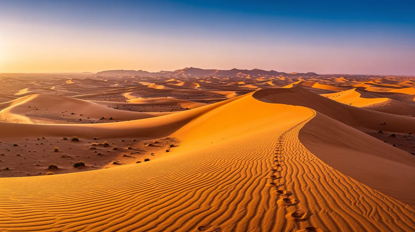 A breathtaking wide panoramic view captures the golden Erg Chebbi sand dunes of the Sahara Desert at sunset, with dramatic shadows stretching across the landscape. This stunning scene showcases the beauty of the desert life, inviting visitors to experience camel rides and desert camps in Merzouga, Morocco.