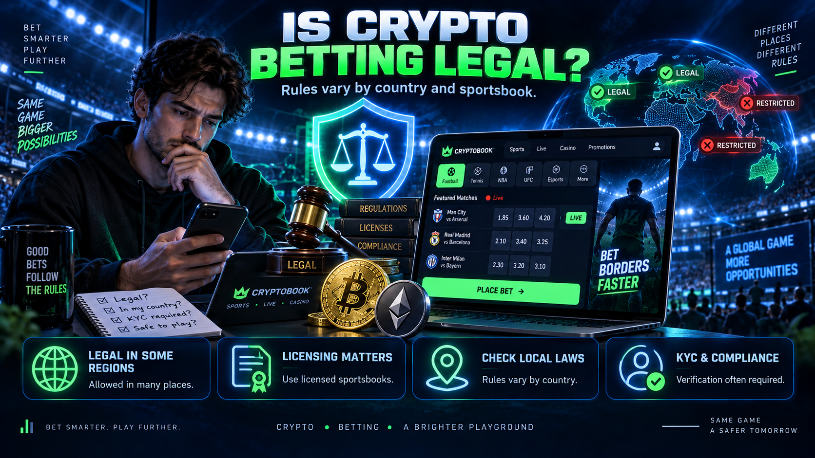 Illustration explaining Bitcoin betting legality, gambling licences, regional restrictions and KYC rules for crypto betting sites.