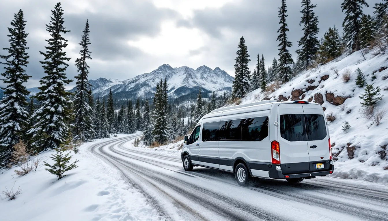 A professional shuttle van navigates through snowy mountain roads in Utah, surrounded by a picturesque winter landscape. This scene highlights the drive from Salt Lake City to Brian Head, showcasing the stunning scenery of southern Utah during a winter trip.