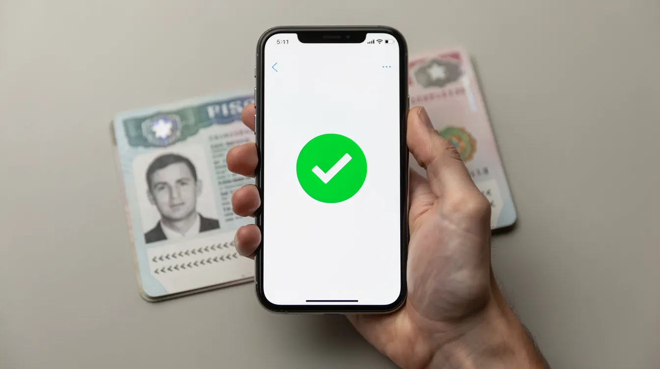 A close-up image shows a smartphone being held over an open passport, displaying a green checkmark on its screen, indicating a successful verification process for the UK immigration ID check application. The phone's camera is likely used to scan the biometric passport or identity document.