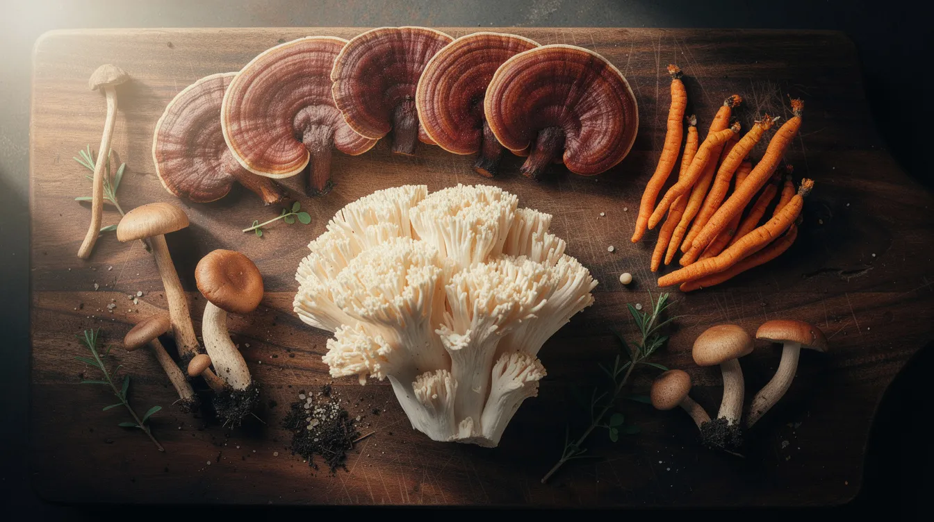 The image features a variety of fresh mushroom species, including reishi, cordyceps, and lion's mane, artistically arranged on a dark wooden cutting board. These medicinal mushrooms are known for their health benefits, such as cognitive support and immune system enhancement, making them popular in functional mushroom supplements.