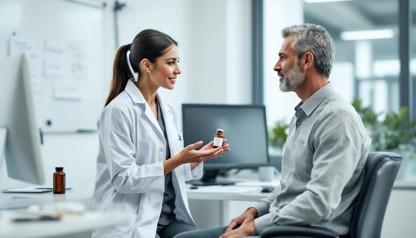 A healthcare professional in a clinical setting is engaged in a discussion with a patient about the benefits of MCT oil, including its role in weight management and metabolic health. The conversation highlights the use of medium chain triglycerides and their impact on energy metabolism and exercise performance.