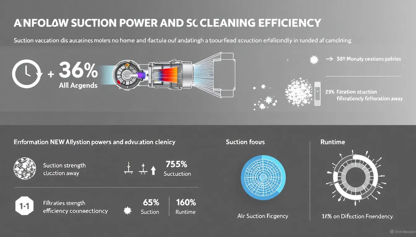 Suction power and cleaning efficiency of the Dyson vacuum.