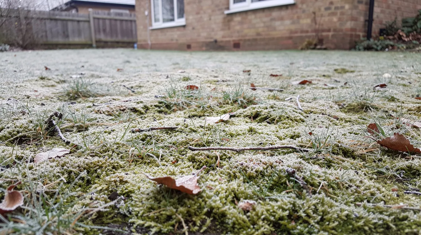The image depicts a mossy lawn in winter in the UK, showcasing vibrant green patches of moss interspersed with bare areas of grass. The damp conditions have allowed the moss to thrive, highlighting the need for lawn care to maintain healthy grass and control moss growth.