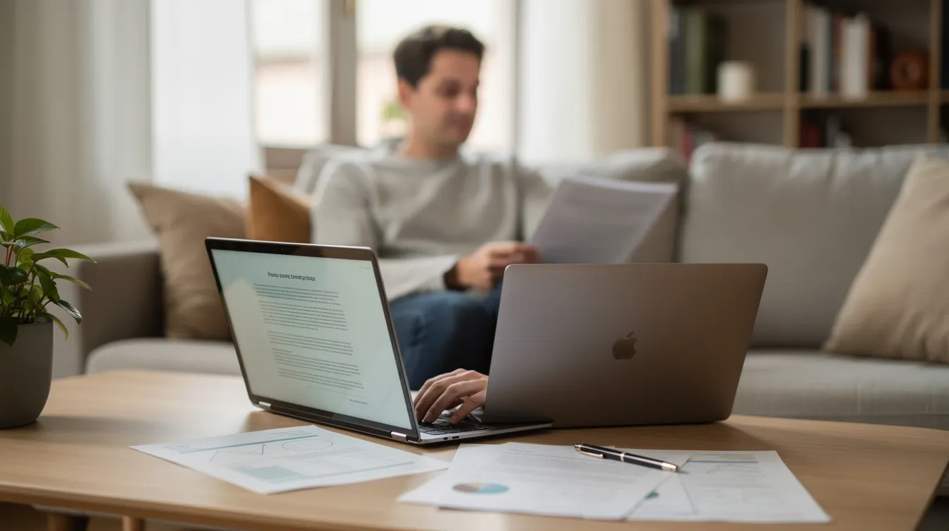 A homeowner is sitting at a dining table, using a laptop to review documents related to their financial matters, possibly regarding a mortgage application or loan details. The environment is cozy and well-lit, reflecting a typical home office setup.