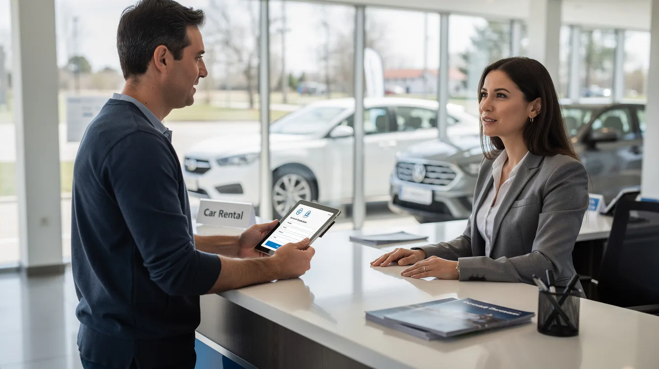 Une personne utilise une tablette au comptoir d'une agence de location de voitures, avec des véhicules visibles à travers la fenêtre. Cette scène illustre la gestion des réservations et l'interaction des clients avec le logiciel de gestion de flotte.