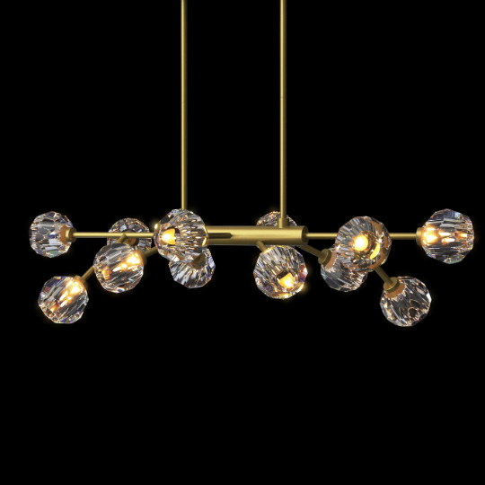 A mid-century chandelier design featuring a gold metal frame with multiple crystal globe lights arranged in a balanced, linear structure, creating a sophisticated and timeless lighting centerpiece against a black background.