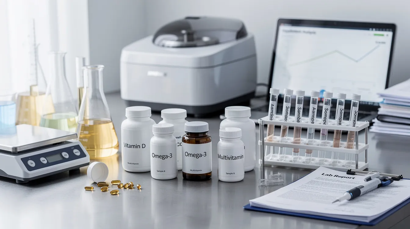 The image depicts a laboratory setup featuring various supplements, including fisetin, alongside testing materials used in longevity research and nutritional biochemistry. This environment highlights the exploration of fisetin&rsquo;s antioxidant properties and its potential benefits in treating age-related diseases and metabolic syndrome.