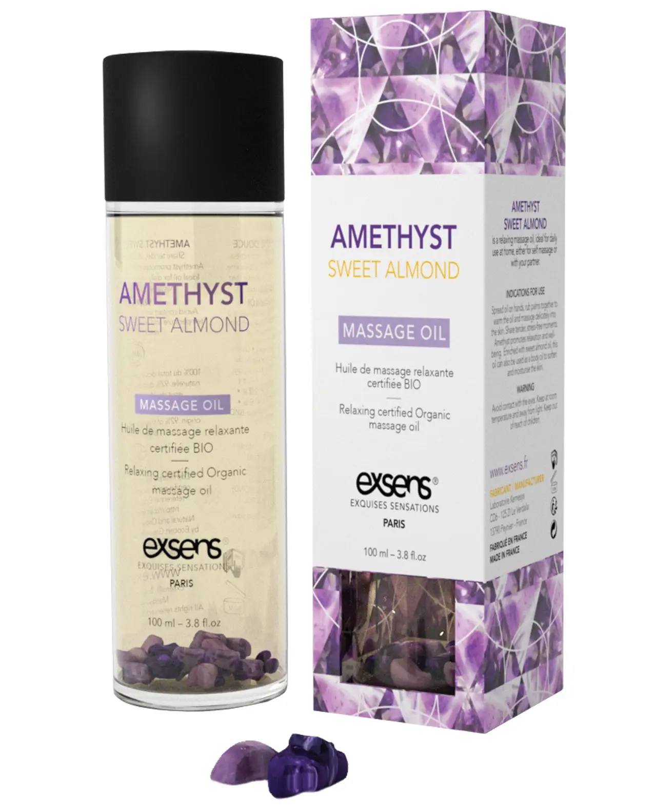 EXSENS of Paris Organic Massage Oil w/Stones – Amethyst Sweet Almond