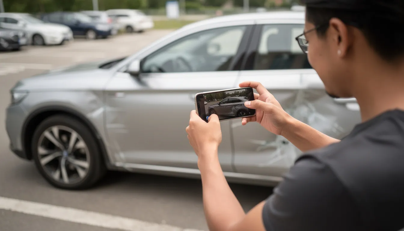 Une personne utilise son smartphone pour photographier l'extérieur d'une voiture de location, stationnée sur un site, probablement en préparation pour une restitution. L'image montre également des éléments environnants qui pourraient indiquer l'heure ou les conditions de prise en charge du véhicule.