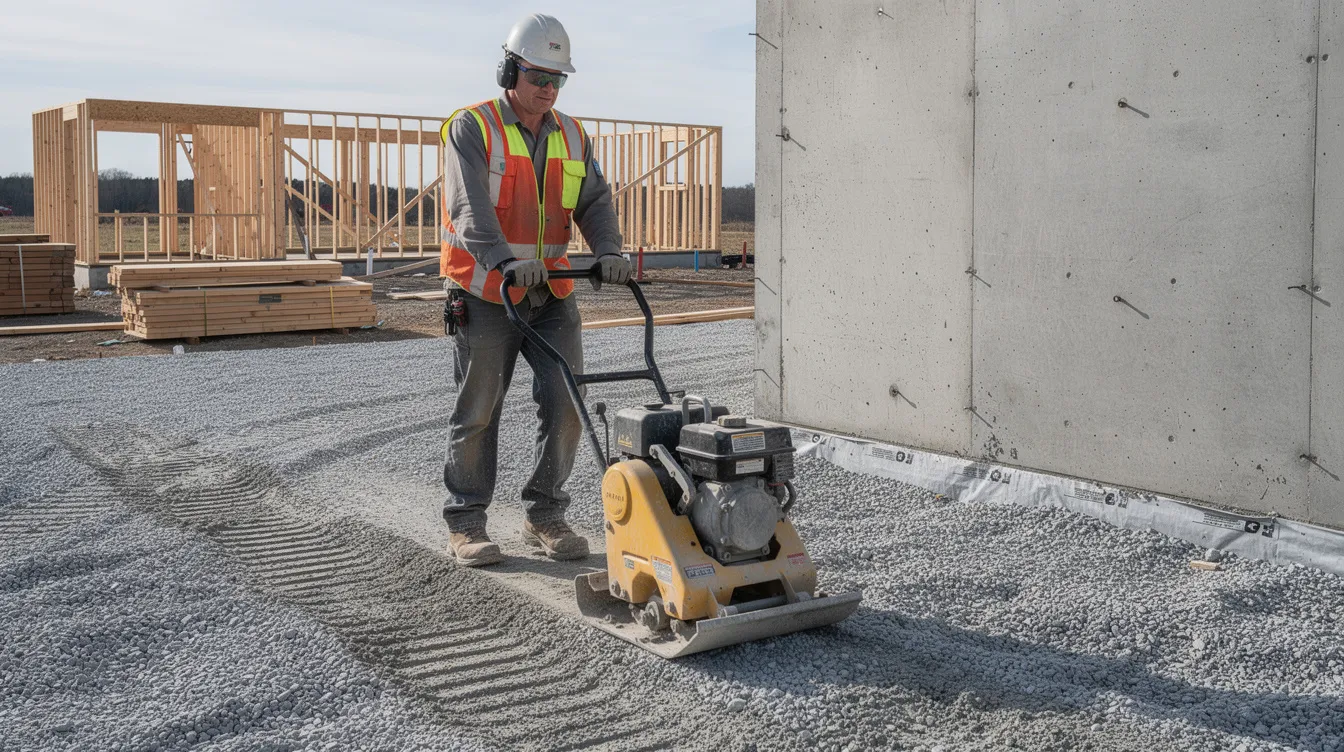 A person is operating a plate compactor on a freshly spread layer of crushed gravel, which serves as a base layer next to a house foundation. The compacted gravel, made up of finer gravel and crushed stone, ensures stability and prepares the area for future construction projects.
