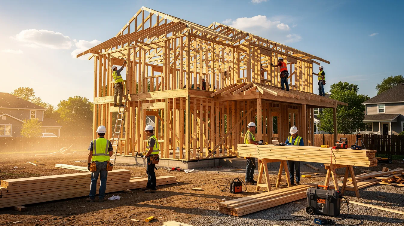 A group of construction workers is framing a new house on a cleared lot under warm weather, showcasing the process of ground-up construction. This scene highlights the importance of investment property development, often supported by hard money loans for real estate investors looking to finance their projects efficiently.