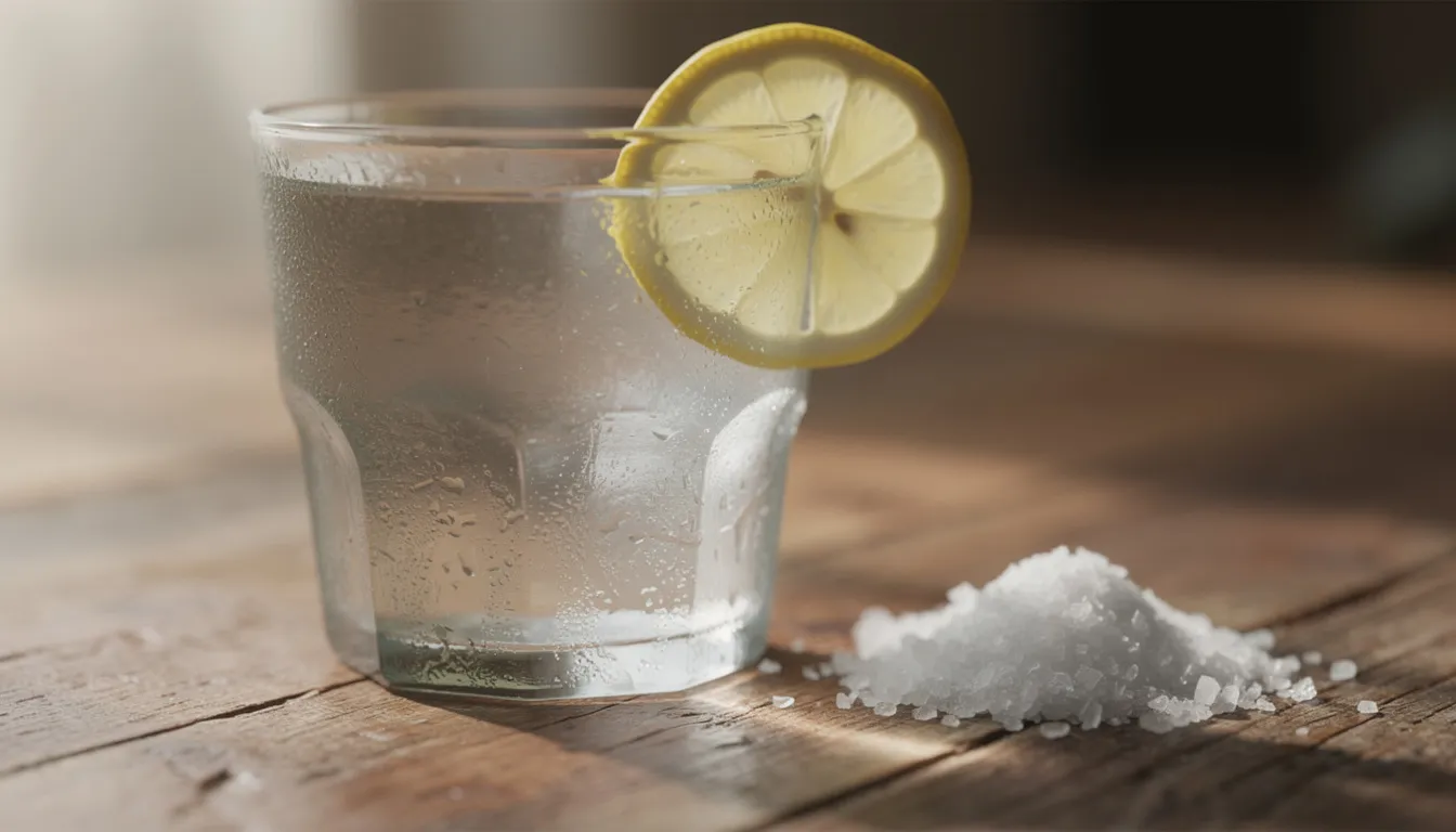 A refreshing glass of water sits on a wooden surface, garnished with a slice of lemon and a sprinkle of sea salt, inviting a cooling effect perfect for hydration. This simple drink can support muscle recovery and enhance overall well-being, making it a great companion for anyone practicing cold plunge techniques or cold exposure therapy.