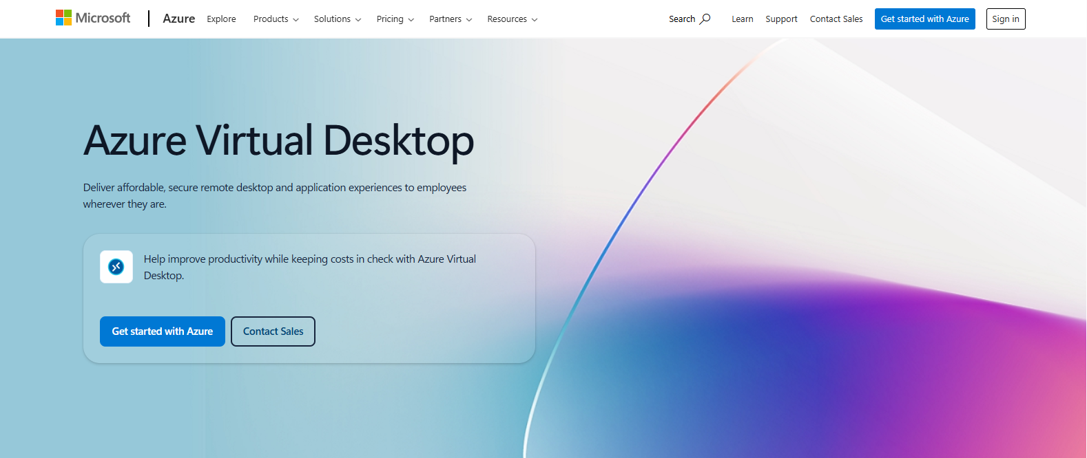 Microsoft Azure Virtual Desktop homepage highlighting secure cloud-based virtual desktops, remote application access, and scalable virtual desktop infrastructure for businesses.