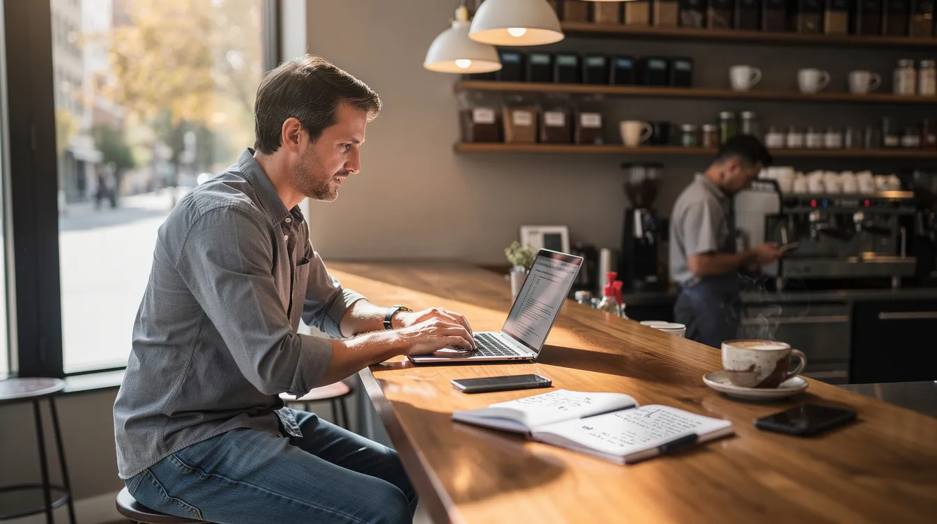 A small business owner is focused on their laptop while sitting at the counter of a coffee shop, likely working on their online store or managing their website through a web hosting provider. The cozy atmosphere around them suggests a blend of productivity and relaxation, ideal for managing shared hosting plans or exploring web hosting services.