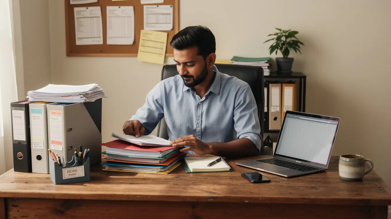 ff7edd6d 9815 41ac 8f0c 404851ad2e49 An Indian small business owner is sitting at a desk, organizing various documents including bank statements and loan paperwork related to their mudra loan. The owner appears focused on ensuring that all necessary documentation is in order to support their application for financial assistance from a bank or financial institution.