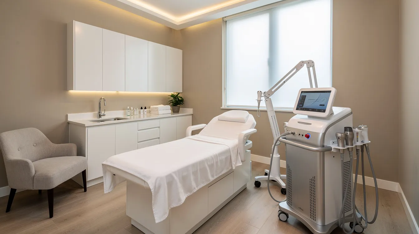 The image depicts a comfortable and modern treatment room equipped with advanced body contouring devices designed to tighten loose skin and reduce stubborn fat. This serene environment is ideal for med spa treatments focused on enhancing skin texture and achieving a more sculpted physique with minimal downtime.