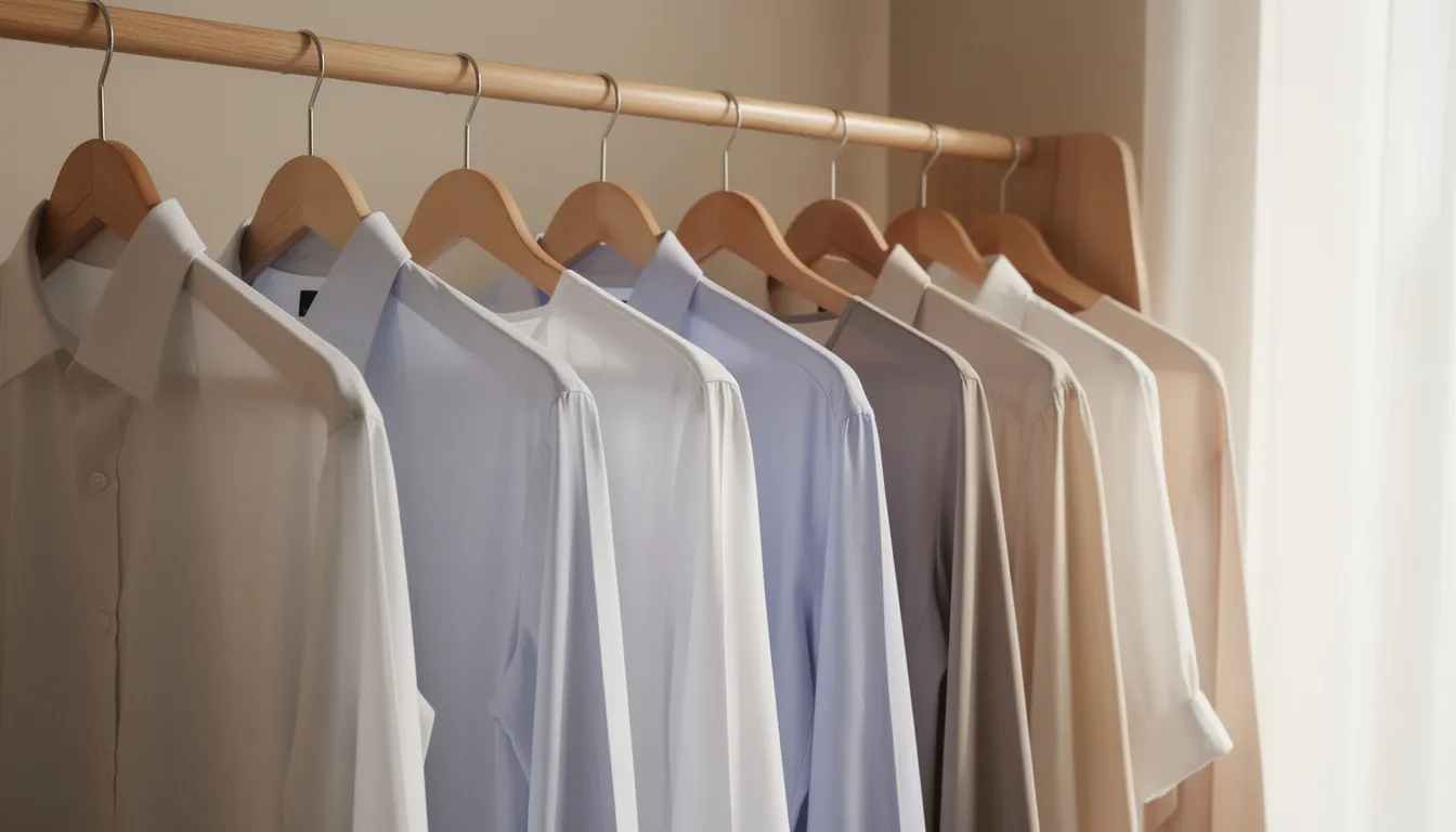 Een afbeelding van netjes opgehangen kleding zonder kreukels, waaronder verschillende hemden en jurken, die perfect gestreken zijn en georganiseerd aan kapstokken hangen. Dit beeld benadrukt de efficiëntie van strijkhulp en het gemak dat elektronische dienstencheques bieden voor drukke professionals die strijkwerk willen uitbesteden.