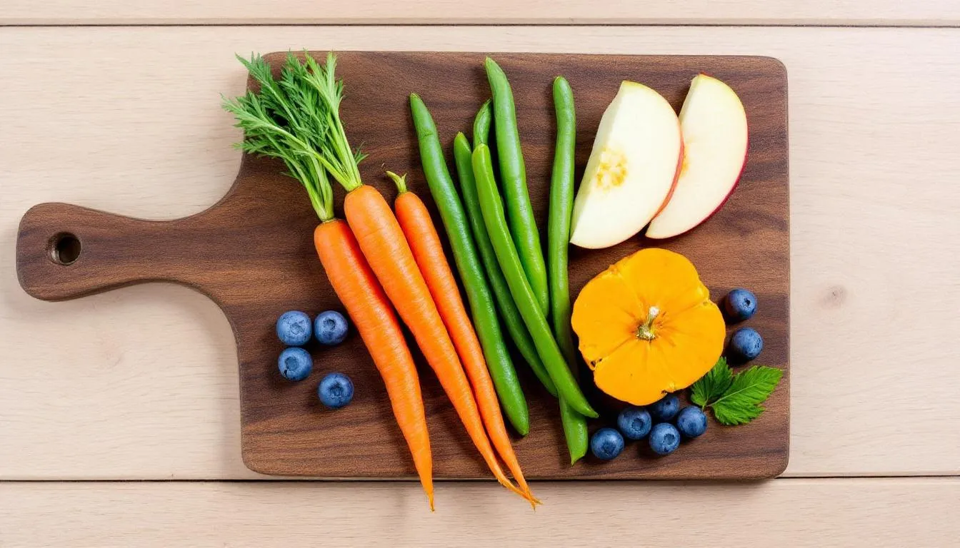 A cutting board is filled with a colorful assortment of dog-safe fruits and vegetables, including slices of apple, carrot sticks, and blueberries, showcasing healthy options for dogs. While some human foods like avocado can be toxic to dogs, this image emphasizes safe choices for a balanced diet.