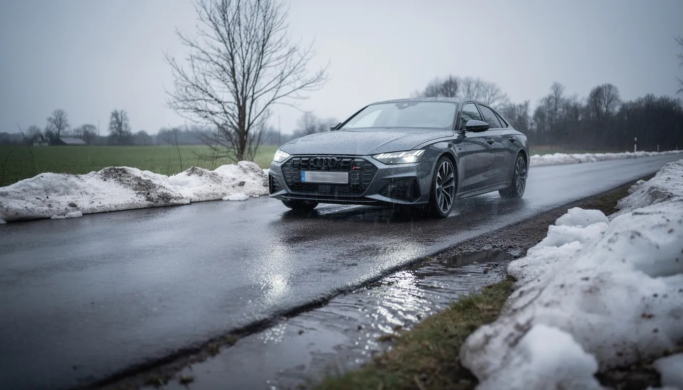 A car is driving on a wet spring road, with melting snow visible on the roadside, indicating it's time to switch your winter tires for all season or summer tires. This scene highlights the transition from winter driving conditions to warmer temperatures, emphasizing the importance of a spring tire change for better performance and safety.
