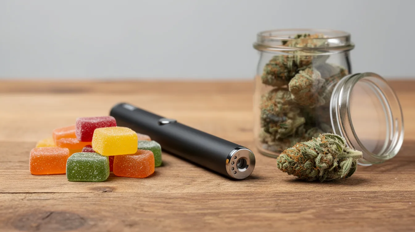 An assortment of hemp products is displayed on a wooden surface, featuring a vape pen, colorful sugary gummies, and a glass jar filled with dense buds of the kandy kush strain. This vibrant arrangement highlights the sweet flavors and rich aroma associated with cannabis, perfect for those seeking relaxation and mood elevation.