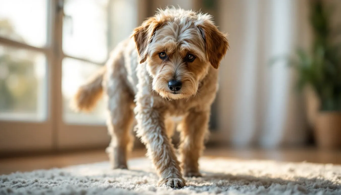 A senior dog, possibly a German Shepherd or a Chesapeake Bay Retriever, is struggling to stand up, indicating early signs of mobility issues related to degenerative myelopathy. The dog