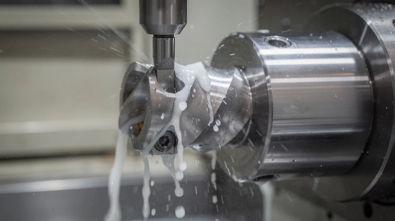 The image shows a close-up view of a CNC turning operation, where a smooth cylindrical shaft is being machined with visible coolant spray, highlighting the precision machining process and the importance of tight tolerances in manufacturing. This operation exemplifies the careful attention to machining tolerances necessary for producing high-quality CNC machined parts.