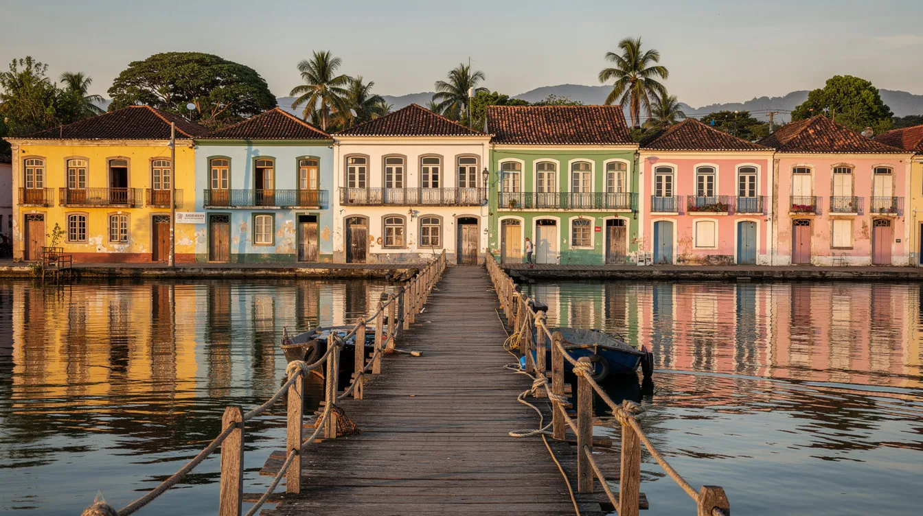Imagem de uma ponte flutuante de madeira sobre águas calmas de uma baía, com fachadas coloniais coloridas ao fundo, representando a beleza do centro histórico de Willemstad, na ilha caribenha de Curaçao. Essa cena evoca a diversidade cultural e o charme das Antilhas Holandesas, um destino ideal para férias e experiências únicas.