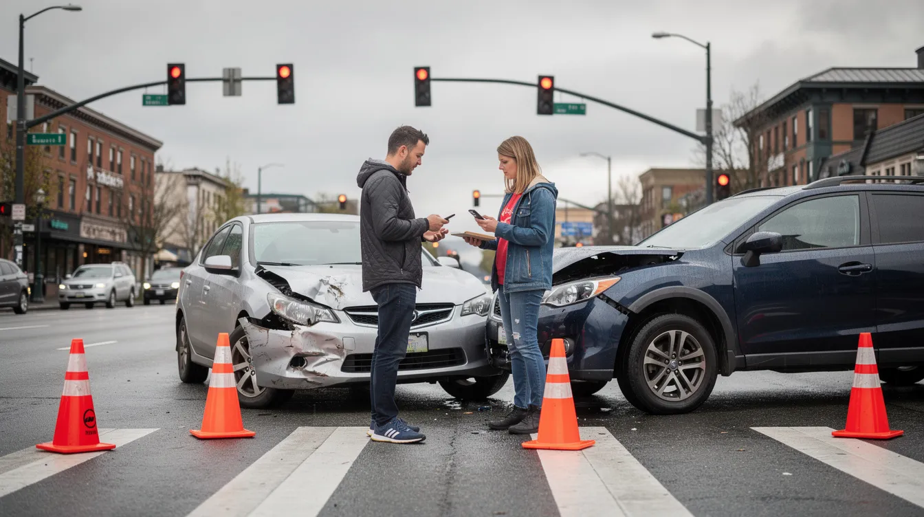 In a Seattle car accident scene, two drivers stand beside their damaged vehicles, exchanging information and documenting the damage with their smartphones. Traffic cones are placed around the area, highlighting the seriousness of the car crash in the urban environment under overcast skies typical of the Pacific Northwest.