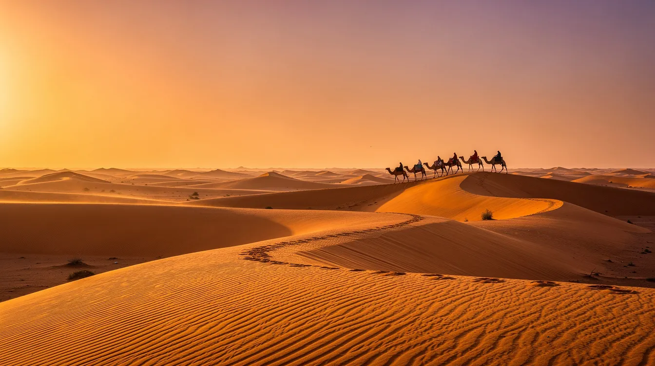 A breathtaking panoramic view of the golden dunes of the Sahara Desert at sunset, with a small caravan of camels silhouetted against the vibrant sky, capturing the essence of North Africa's natural beauty. This serene landscape showcases the vastness of the Sahara Desert, inviting exploration and adventure in the Kingdom of Morocco.