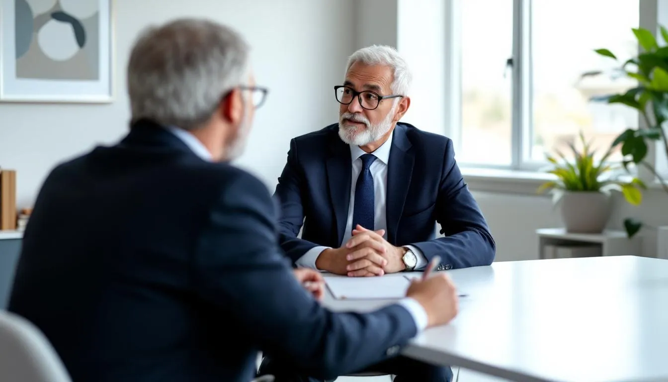 In the image, a professional mentor and mentee engage in an executive coaching session, focusing on developing leadership skills and enhancing personal and professional development. The setting reflects a collaborative atmosphere, emphasizing the importance of leadership development programs in shaping effective leaders for the organization's future.