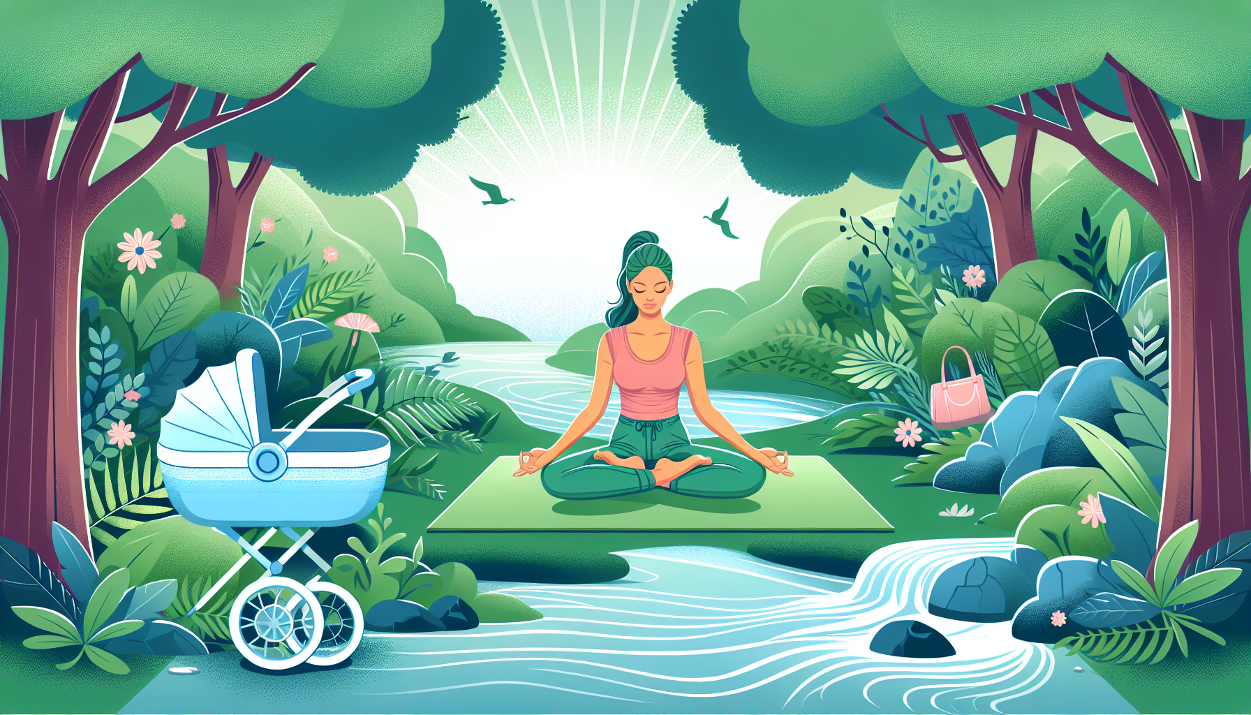 Illustration depicting a woman practicing stress reduction techniques in a tranquil setting