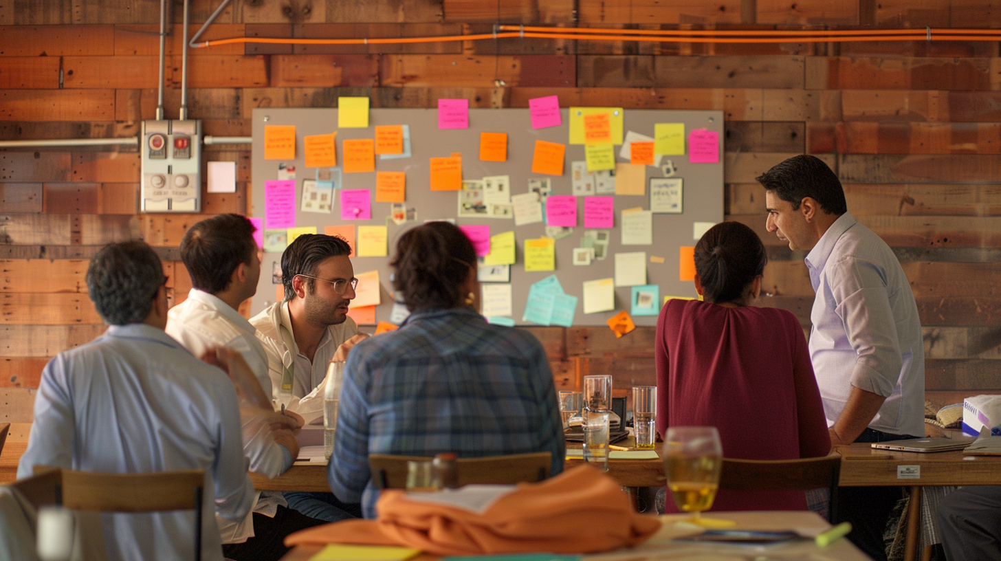 A scrum team engages in a retrospective meeting, an essential agile practice, to discuss successes and areas for continuous improvement in their development process. The image underscores the agile aims of fostering a self-organizing team environment where collaboration over contract negotiation is prioritized to meet dynamic customer needs.