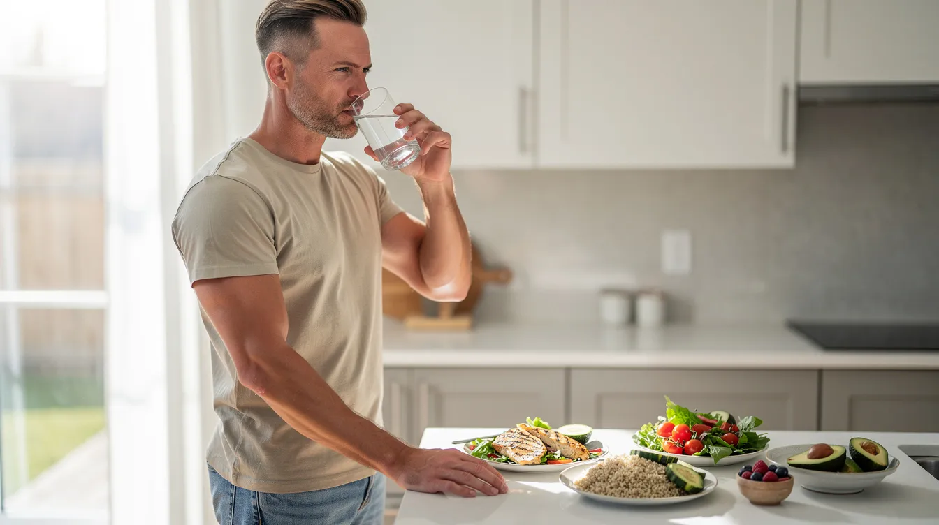 A man in his 30s is seen drinking water at a kitchen counter, next to a healthy meal that includes fresh vegetables and lean protein, highlighting an active lifestyle and focus on male sexual health. This scene suggests the importance of nutrition in enhancing sexual performance and overall well-being.