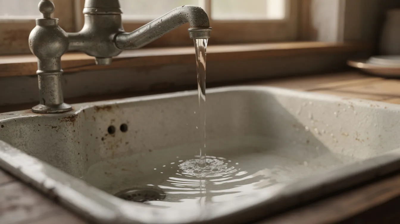 Un robinet ouvert laisse couler de l'eau dans un évier de cuisine rustique, évoquant une ambiance chaleureuse et accueillante. Cette scène pourrait faire partie d'une maison secondaire, soulignant l'importance de l'assainissement et de la gestion des eaux usées dans les résidences.