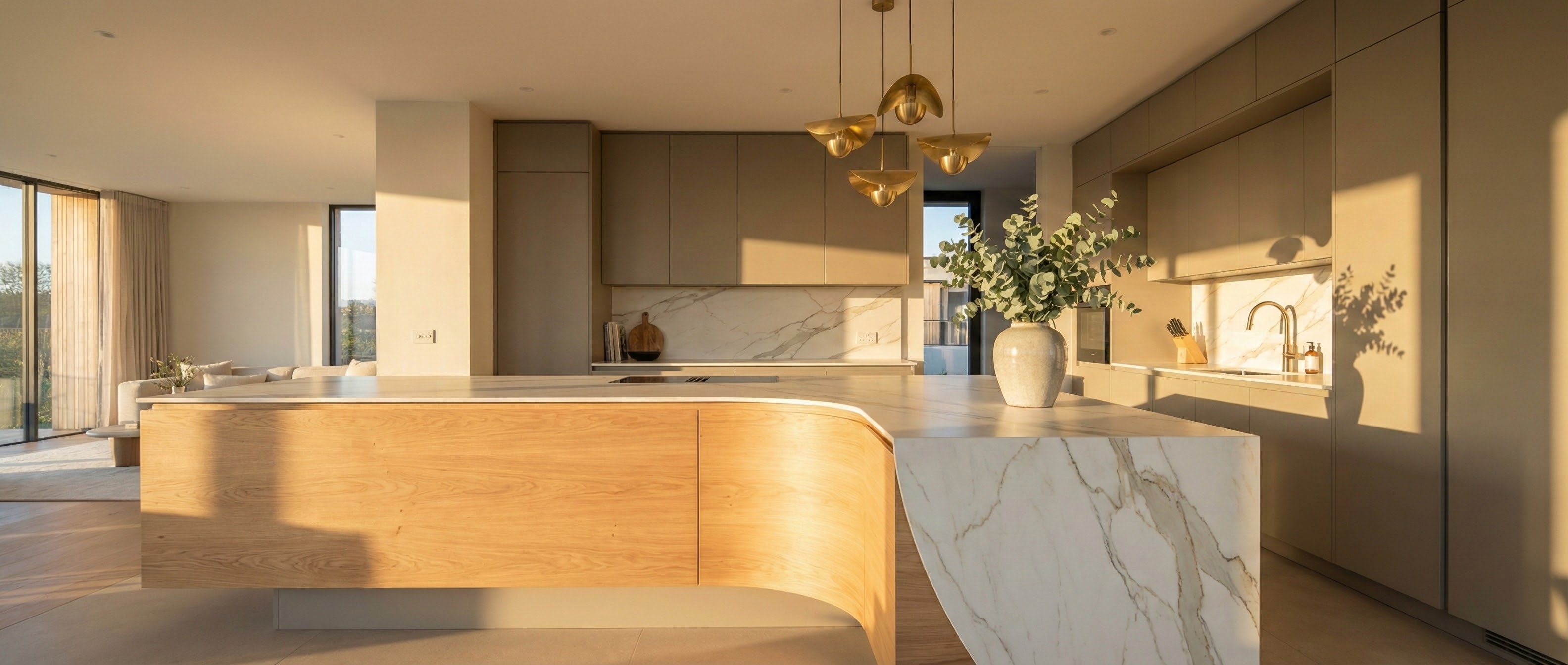 Inspiracje kuchenne 2025/2026 – luksusowa nowoczesna kuchnia z dużą wyspą, matowymi frontami w kolorze greige, drewnianymi akcentami i eleganckim kamiennym blatem. Przestronne, jasne wnętrze w ciepłej, zachęcającej atmosferze.