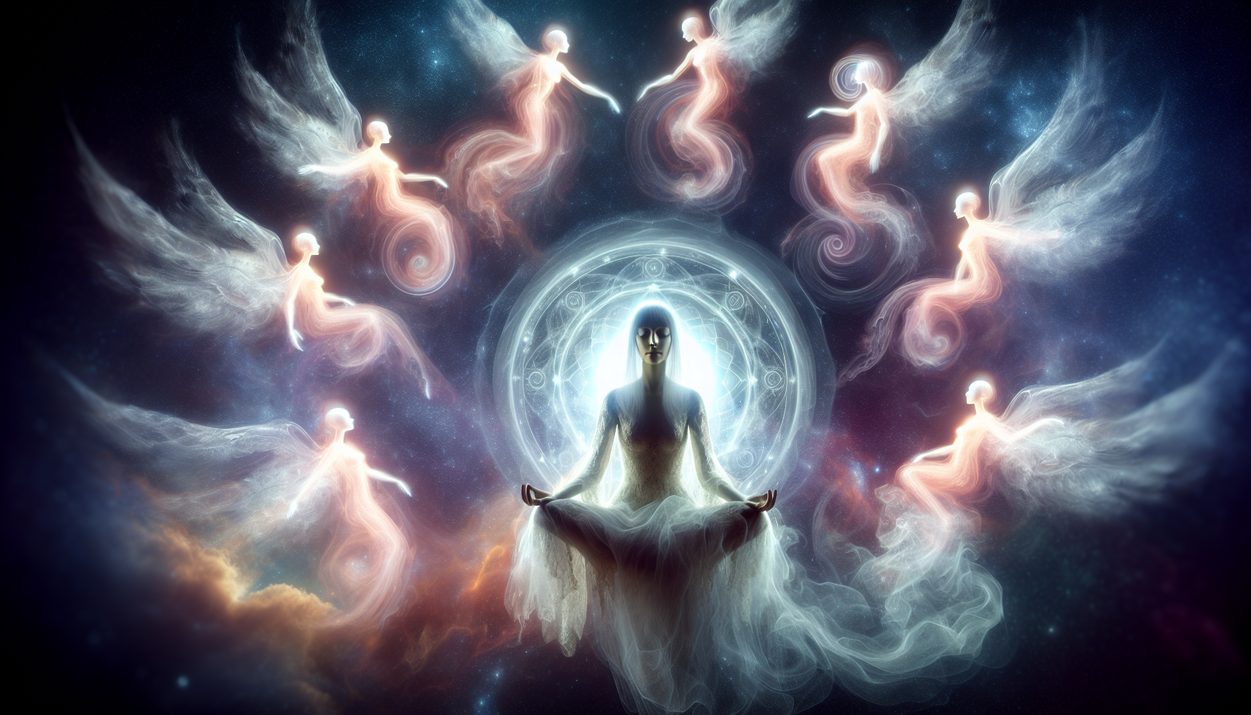 Illustration of a psychic medium connecting with spirit guides