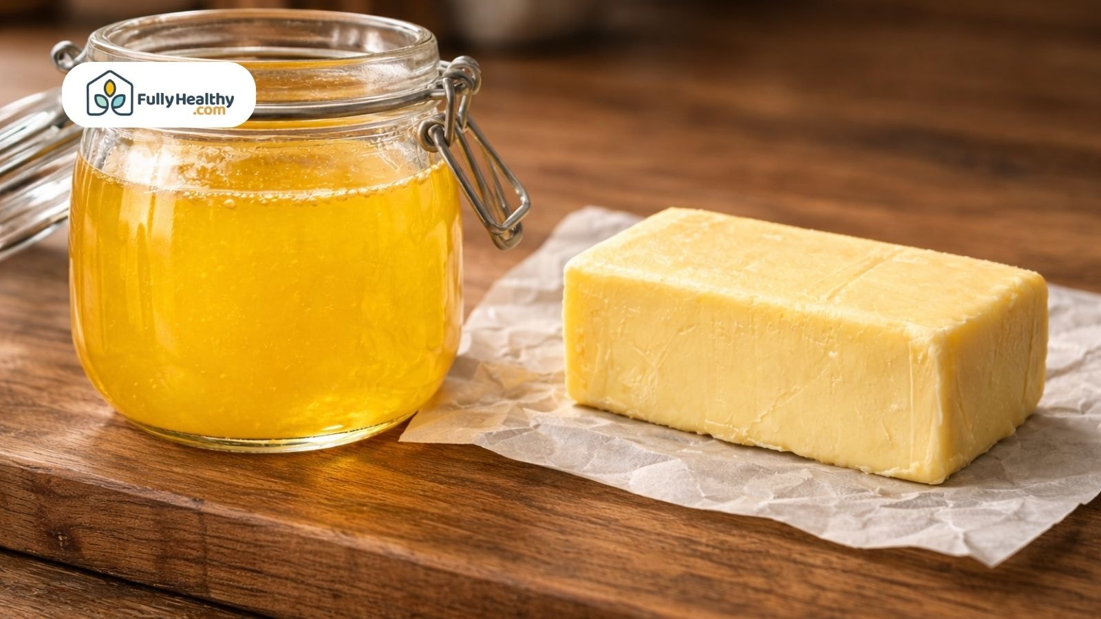 Glass jar of ghee beside block of butter