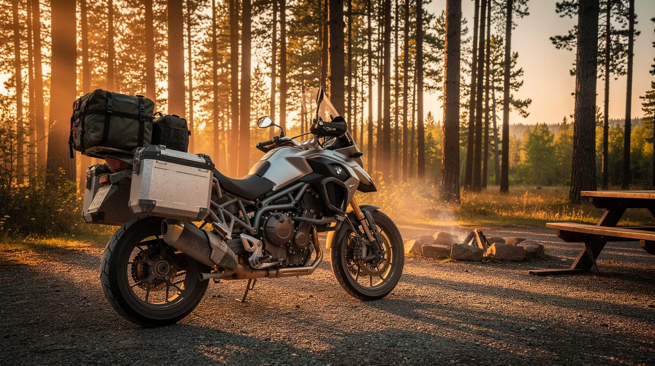 A touring motorcycle is parked on a gravel campsite, equipped with panniers and a tail bag, amidst tall pine trees during golden hour. Nearby, a picnic table sits ready for meals, while camping gear like a sleeping bag and a waterproof bag hint at an adventure-filled night under the stars.