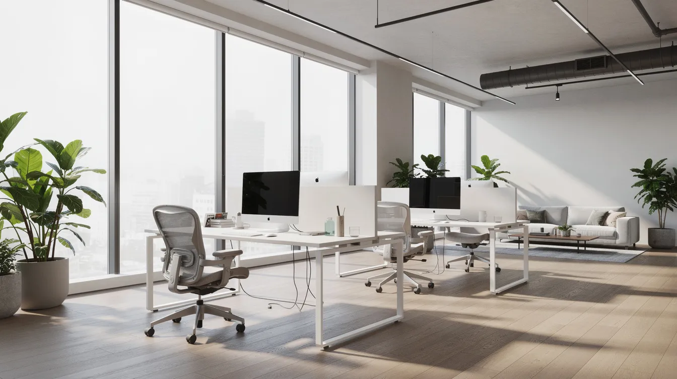 The image depicts a modern office space featuring large windows that allow natural light to flood the room, creating a bright and welcoming environment. This clean and well-maintained facility emphasizes the importance of hygiene and professionalism, ideal for a commercial cleaning company focused on providing high-quality cleaning services.