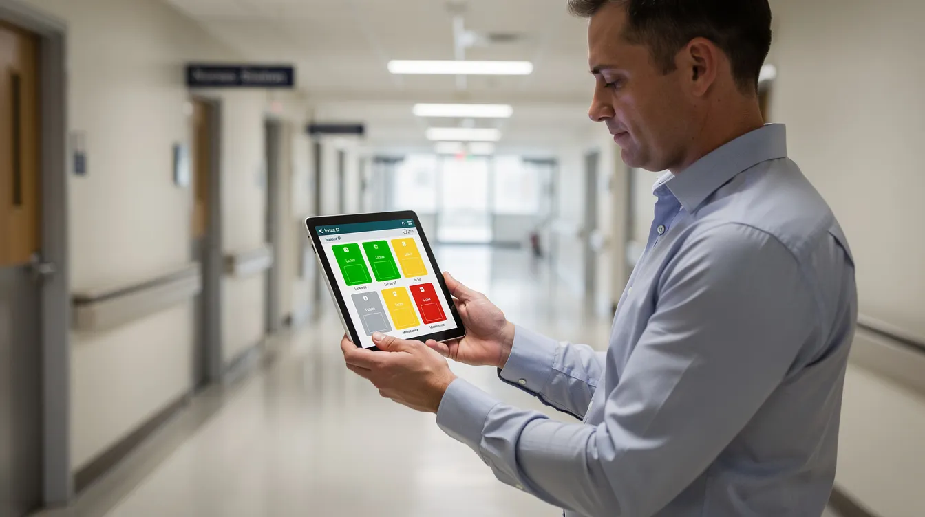 A facility manager is reviewing a tablet dashboard that displays the status indicators of smart lockers in a hospital hallway, showcasing features like secure access and remote management capabilities. This modern smart locker system enhances security and operational efficiency, allowing for effective management of locker usage and access control for personal belongings and sensitive items.