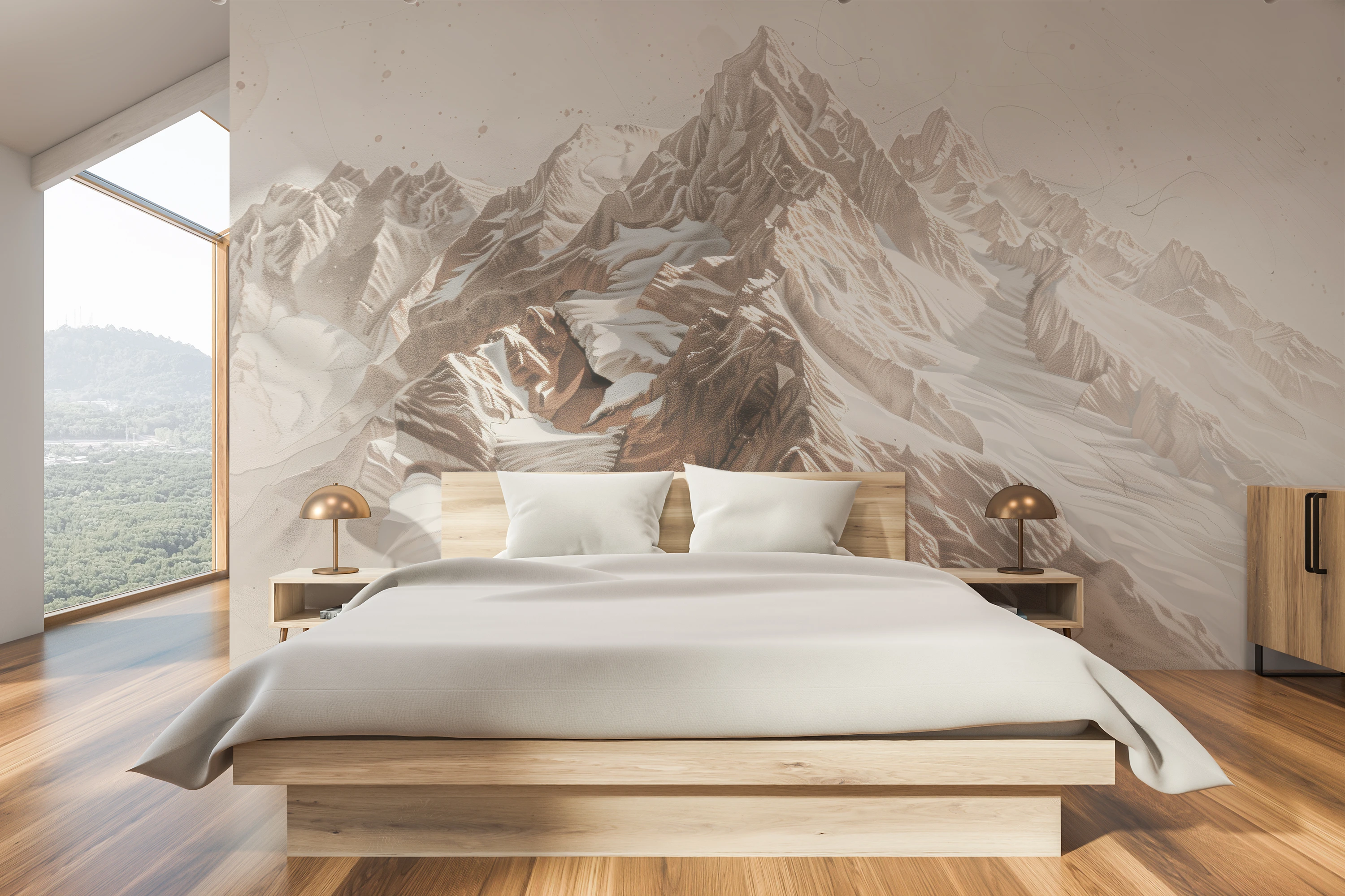 Eine zarte Fototapete, die die raue Schönheit der Berggipfel in dezenten Beige- und Weißtönen präsentiert, die dem Raum Leichtigkeit und Eleganz verleihen.
