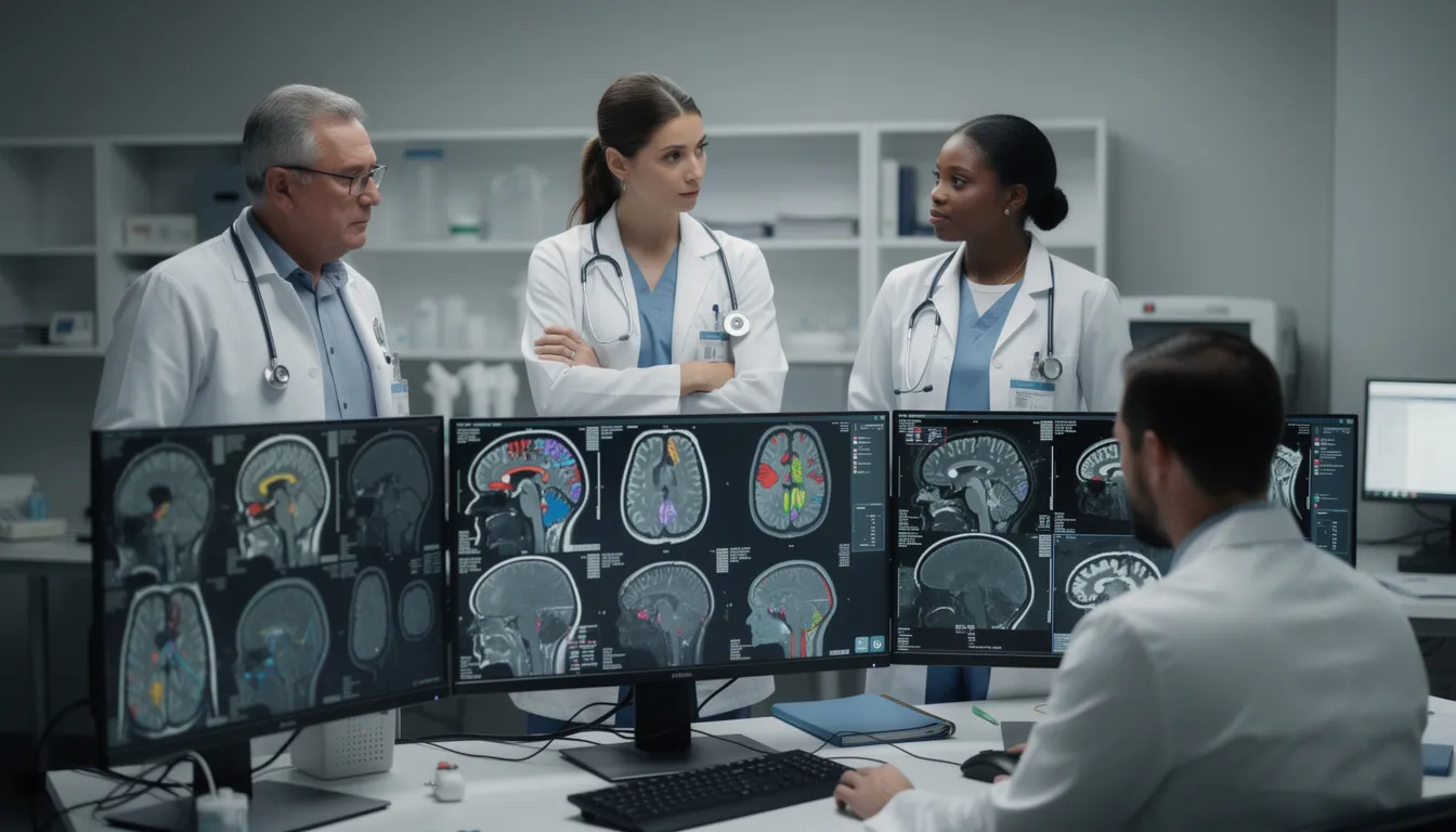 The image depicts a group of medical professionals intently reviewing brain scans displayed on computer monitors, highlighting their collaboration in diagnosing serious injuries. This scene reflects the importance of thorough medical evaluation in personal injury cases, such as those resulting from car accidents, where accurate assessments can significantly impact legal outcomes and compensation claims.