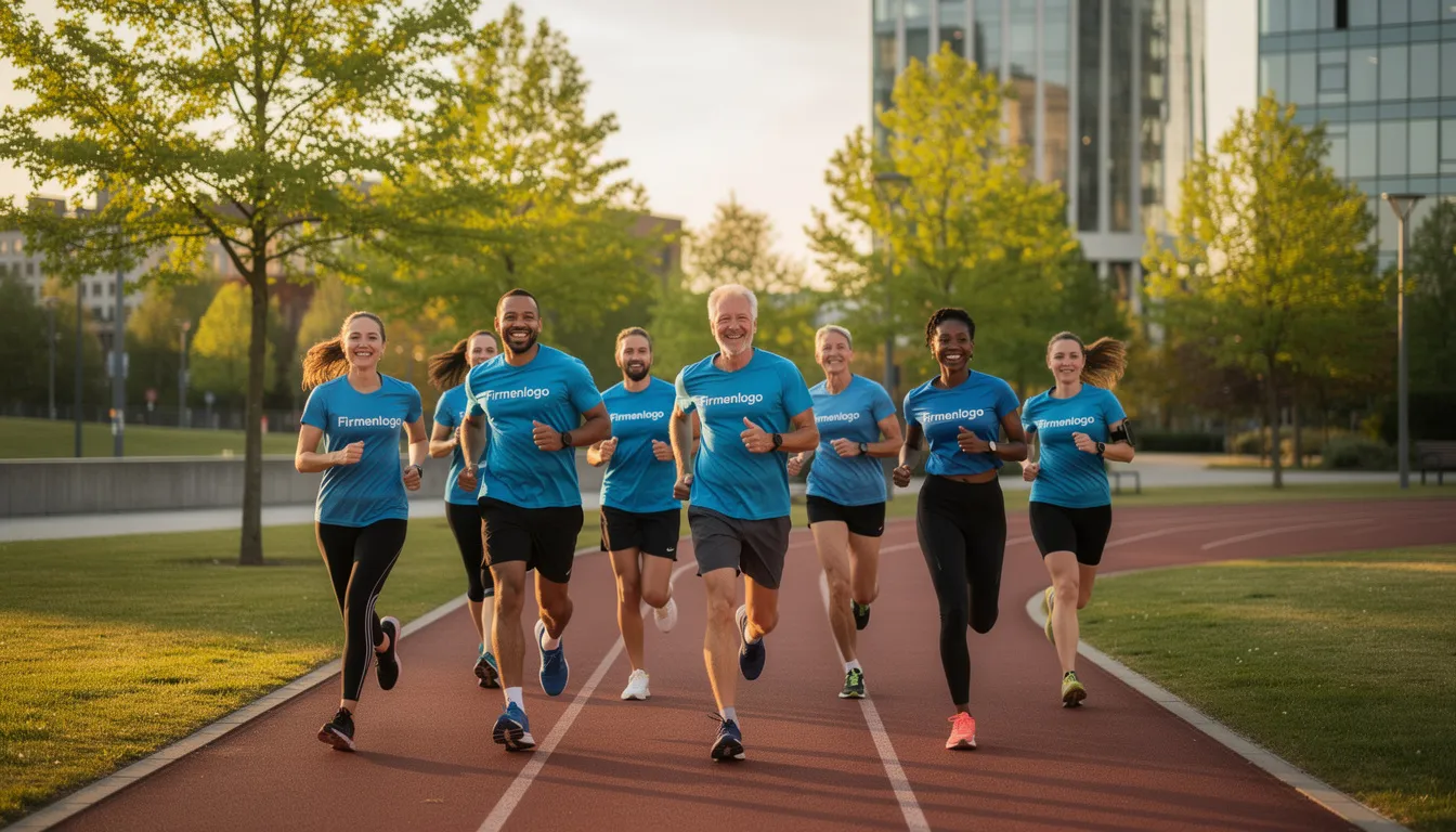 Ein Team von Mitarbeitenden in einheitlichen blauen Funktionsshirts mit dem Firmenlogo trainiert gemeinsam für einen Firmenlauf. Die Gruppe strahlt Teamgeist und Motivation aus, während sie sich auf die bevorstehenden Veranstaltungen im Berchtesgadener Land vorbereitet.