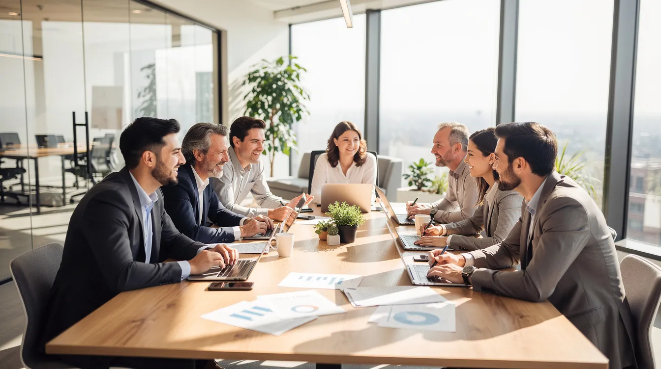 Une équipe de professionnels se réunit autour d'une grande table dans un espace de travail moderne et lumineux, échangeant des idées pour définir les valeurs de leur entreprise et les faire vivre au quotidien. Cette collaboration met en avant l'engagement des salariés et le leadership nécessaire pour atteindre les objectifs communs.