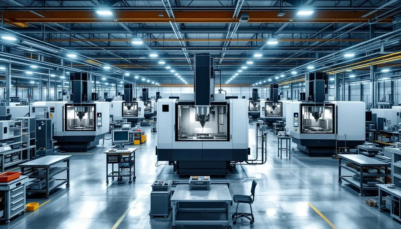 The image depicts an industrial manufacturing environment with multiple five axis CNC machines in operation, showcasing their advanced capabilities to produce complex parts like turbine blades and compressor blades. Each machine utilizes rotary axes and linear axes to achieve high precision and intricate shapes with minimal setups, demonstrating the efficiency of 5 axis machining on the shop floor.